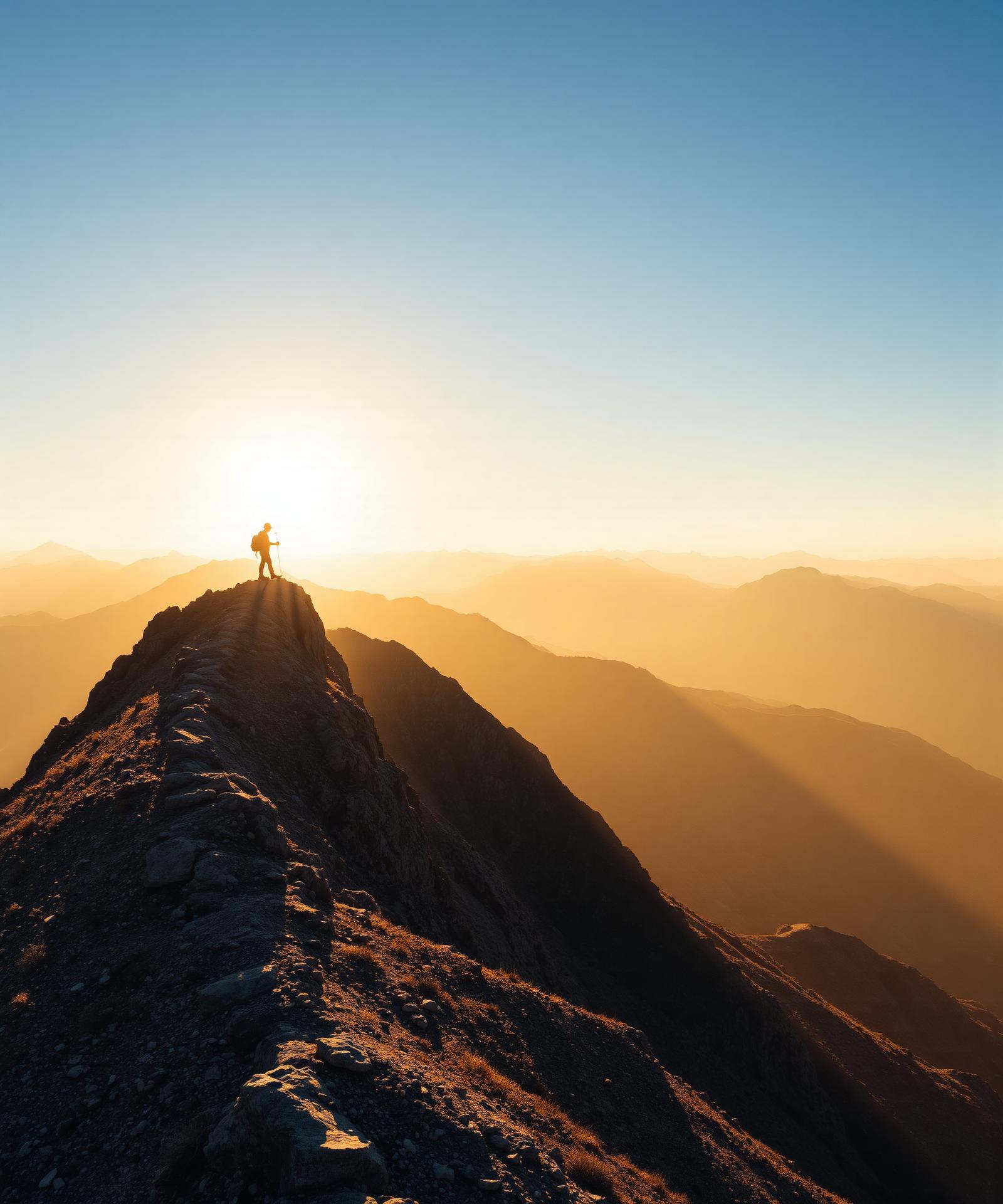 A traveler on an alpine ridge in Uzbekistan at sunrise